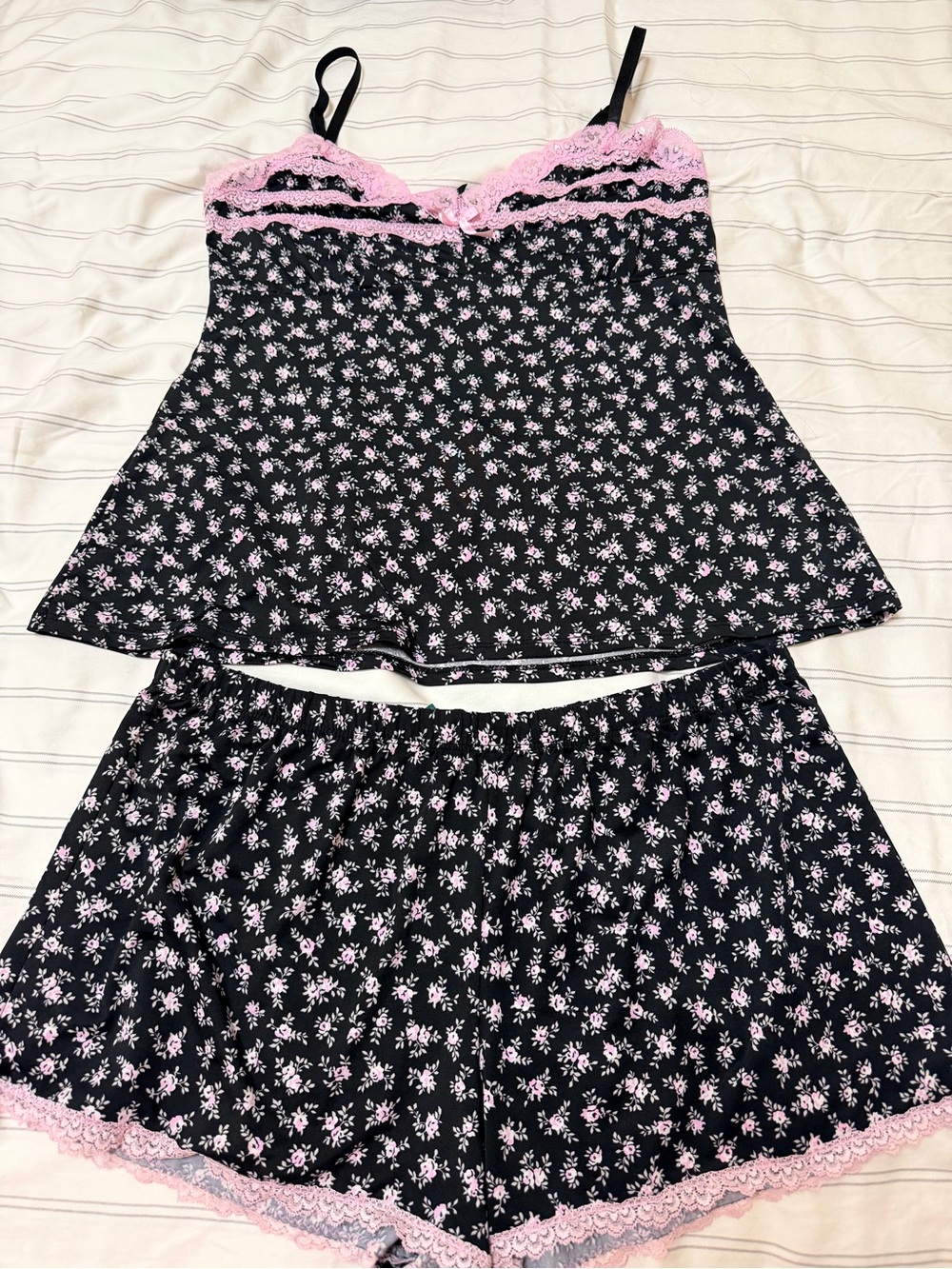 Laura Ashley Black Sleep Set with Pink Floral Print and Pink Lace